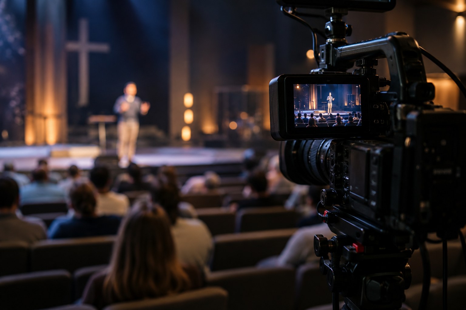 A video camera capturing a message in a church auditorium